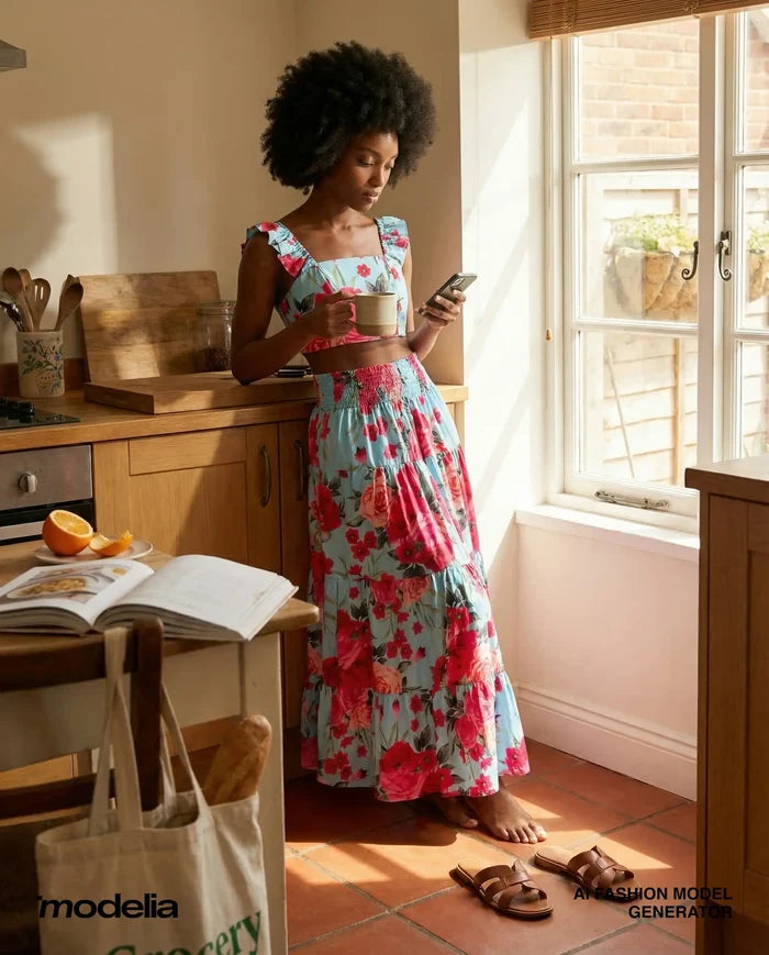 Woman in a floral dress standing in a kitchen holding a phone.