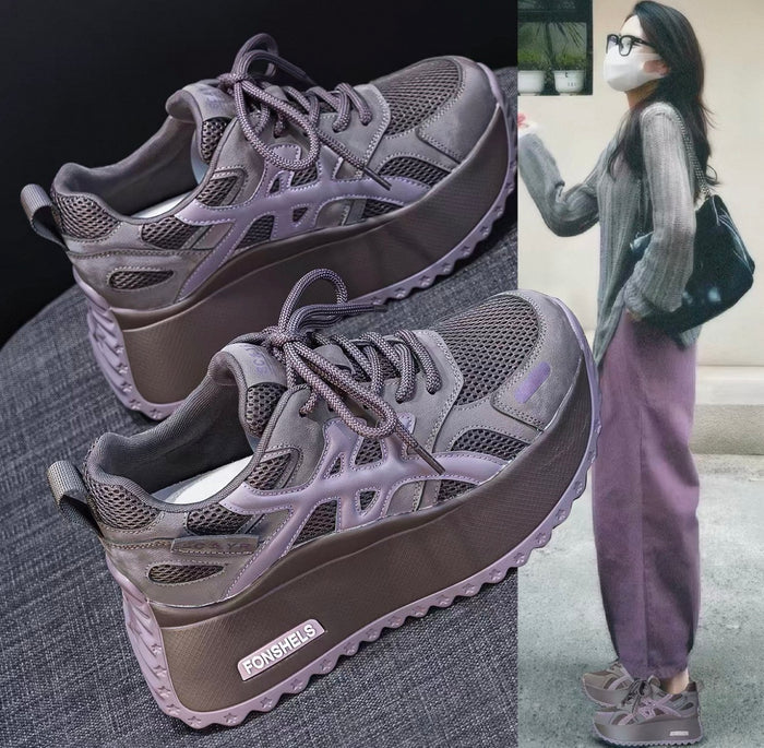 Gray sneakers with brown soles on a dark background, next to a person wearing the same shoes outdoors.