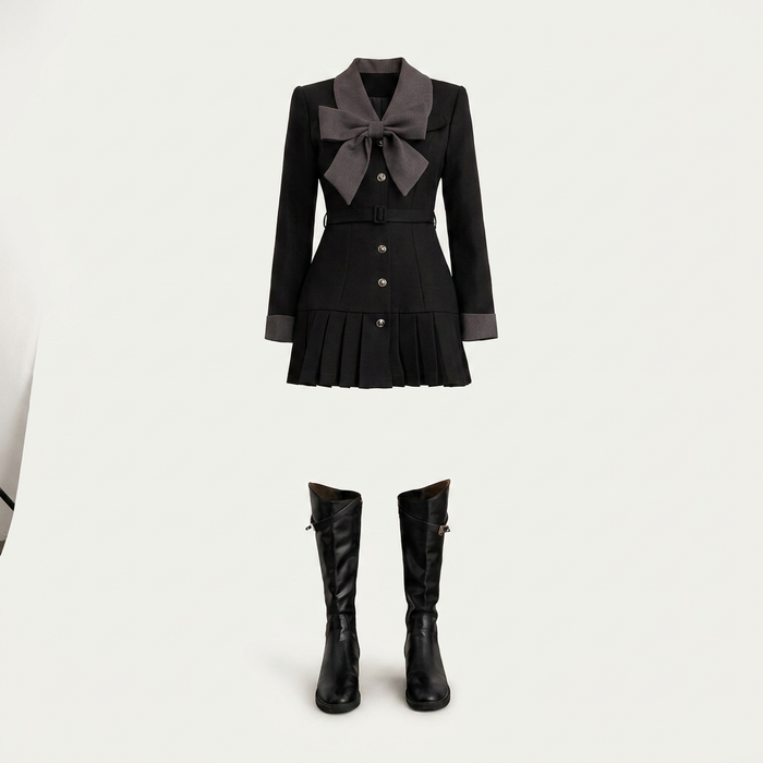 Women's Burgundy Pleated Suit Dress with Bow Tie Canada | Parcel Theory