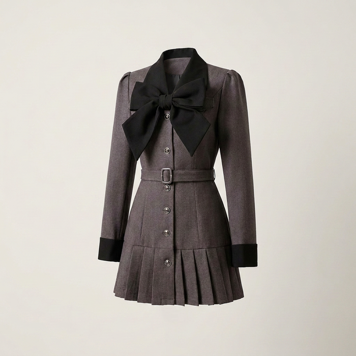 Women's Burgundy Pleated Suit Dress with Bow Tie Canada | Parcel Theory