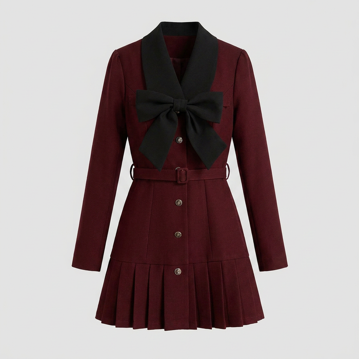Women's Burgundy Pleated Suit Dress with Bow Tie Canada | Parcel Theory