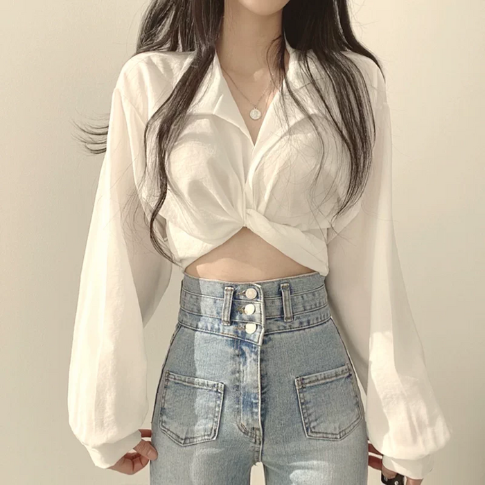 Women's Cropped Tie-Back Blouse with Lantern Sleeves | Canada