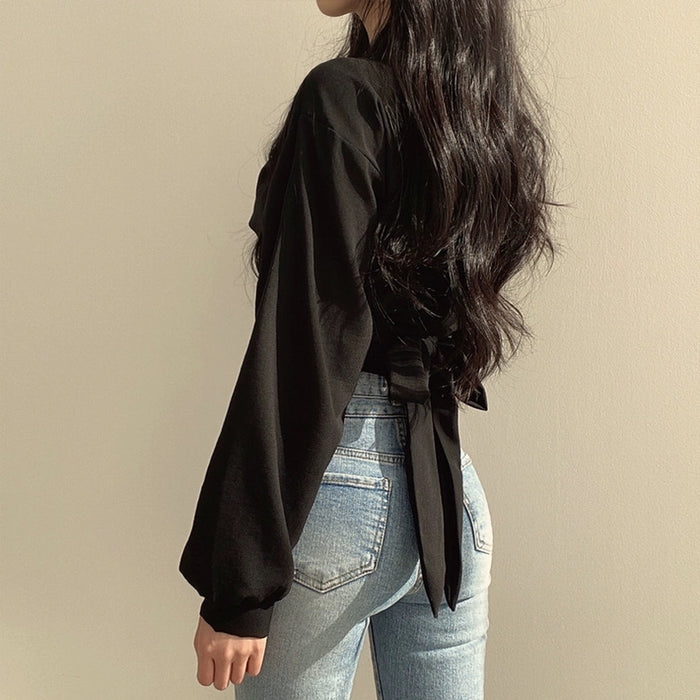 Women's Cropped Tie-Back Blouse with Lantern Sleeves | Canada