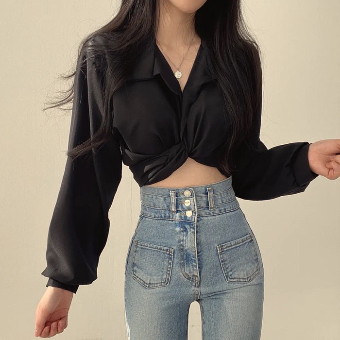 Women's Cropped Tie-Back Blouse with Lantern Sleeves | Canada