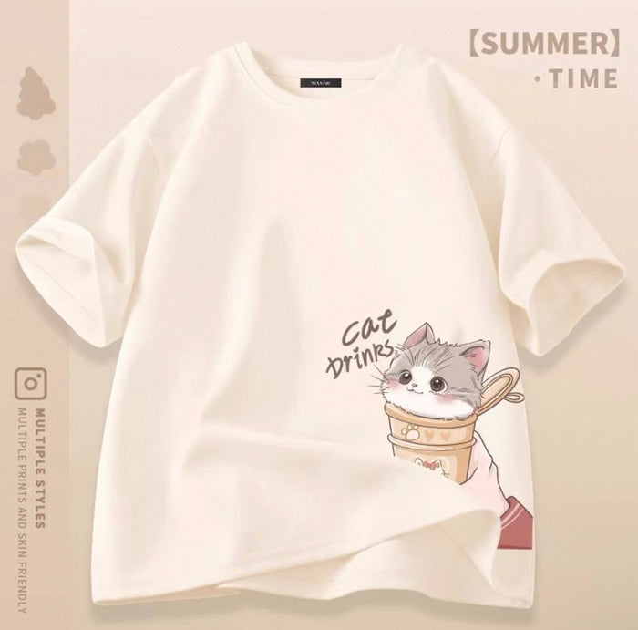 Women's Cute Cat Graphic Tees Canada | Kawaii Cotton Blend T-Shirts
