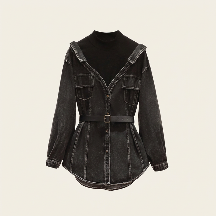 Women's Denim Mock Neck Belted Shirt Jacket | Canada
