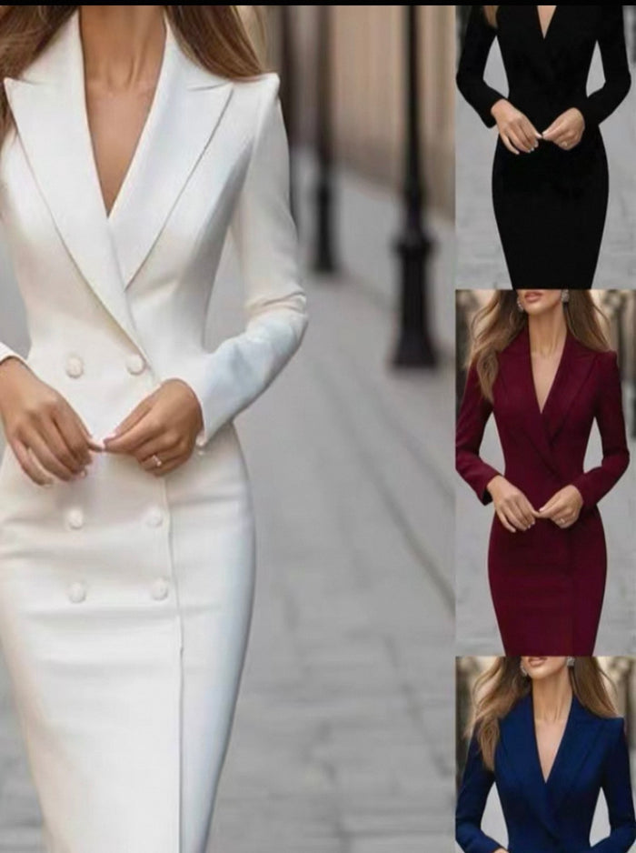 Four different views of a woman wearing a fitted blazer dress in various colors.