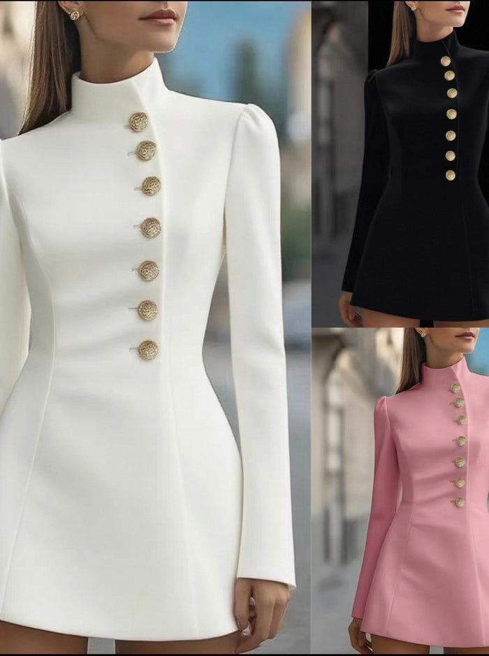 Three different colored dresses with button details worn by a model.