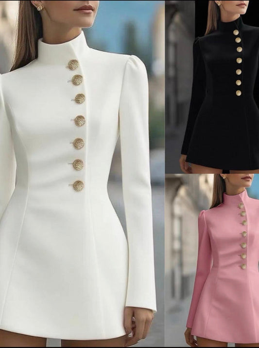 Three different colored dresses with button details worn by a model.