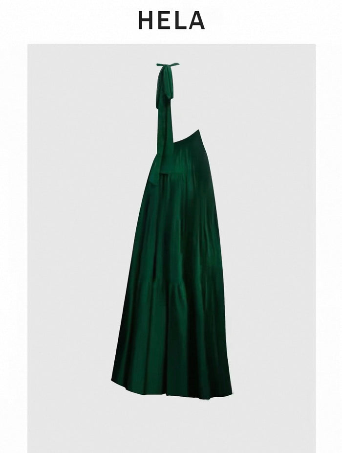 French-Style High-End Lace-Up Halter Neck Dress for Women, Sexy Backless Vacation Long Dress