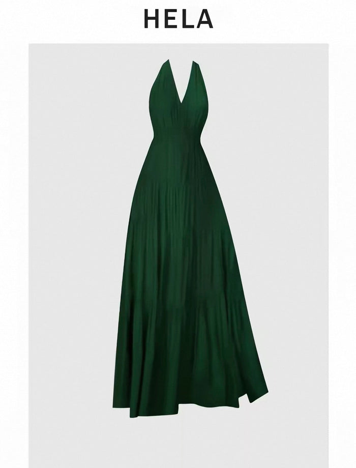 French-Style High-End Lace-Up Halter Neck Dress for Women, Sexy Backless Vacation Long Dress