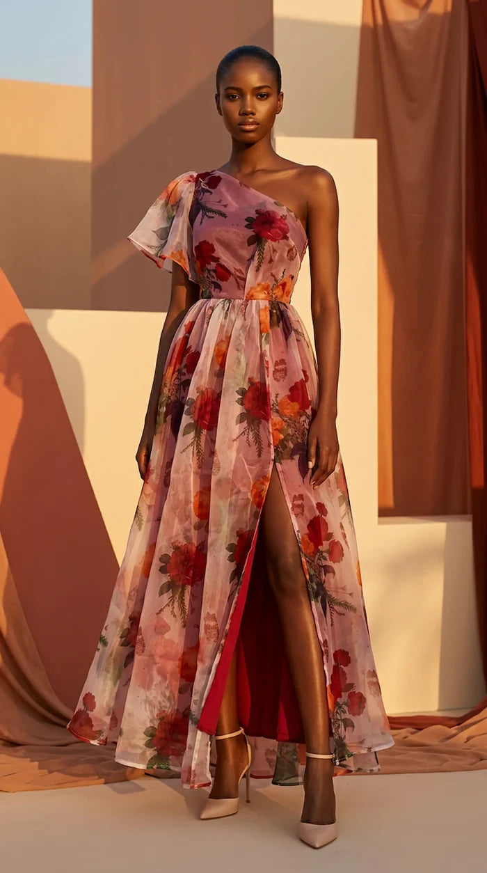 Model wearing a floral one-shoulder dress with a slit, standing against a warm-toned abstract background.