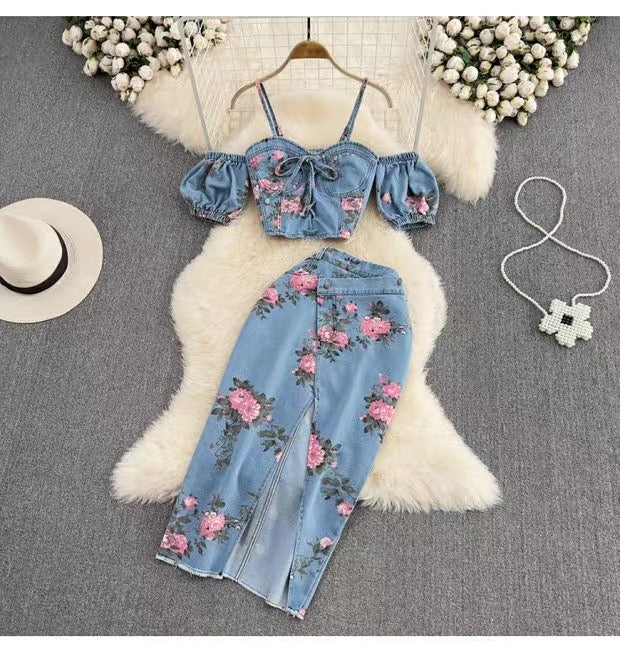 Women's Floral Denim Two-Piece Set Canada | Halter Top & Slit Skirt