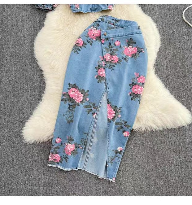 Women's Floral Denim Two-Piece Set Canada | Halter Top & Slit Skirt