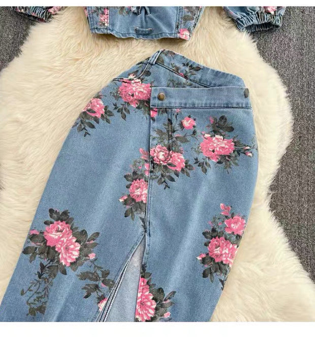 Women's Floral Denim Two-Piece Set Canada | Halter Top & Slit Skirt