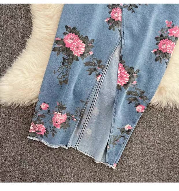 Women's Floral Denim Two-Piece Set Canada | Halter Top & Slit Skirt
