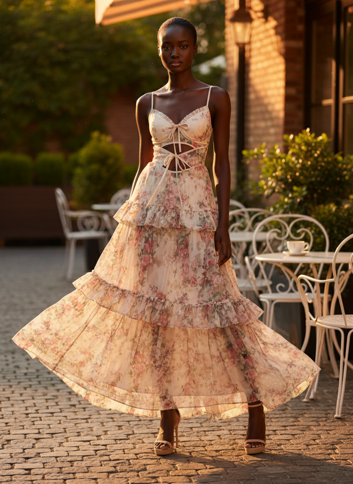 French-Style Lace-Up Hollow-Out Slip Dress for Women, Elegant Heavy-Duty Floral Vacation Dress