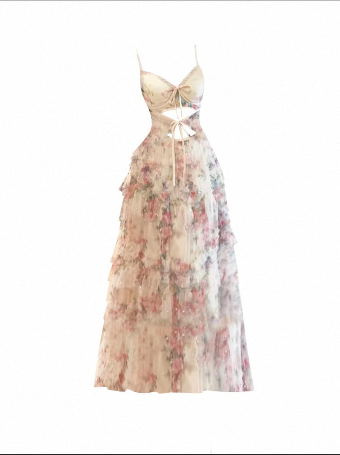 Lace-Up Slip Dress for Women, Elegant Heavy-Duty Floral Vacation Dress