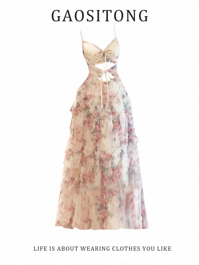 Lace-Up Hollow-Out Slip Dress for Women, Elegant Heavy-Duty Floral Vacation Dress