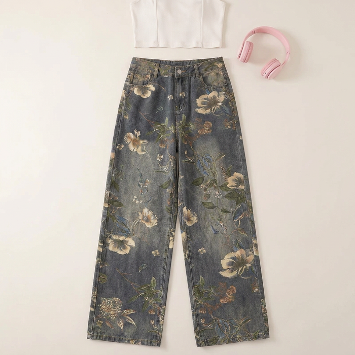 Women's Floral Wide-Leg Jeans Canada | High-Waisted Printed Denim