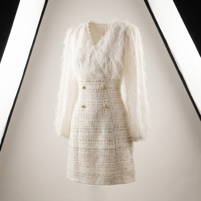 Women's French Tweed Feather Dress Canada | Elegant V-Neck Mini