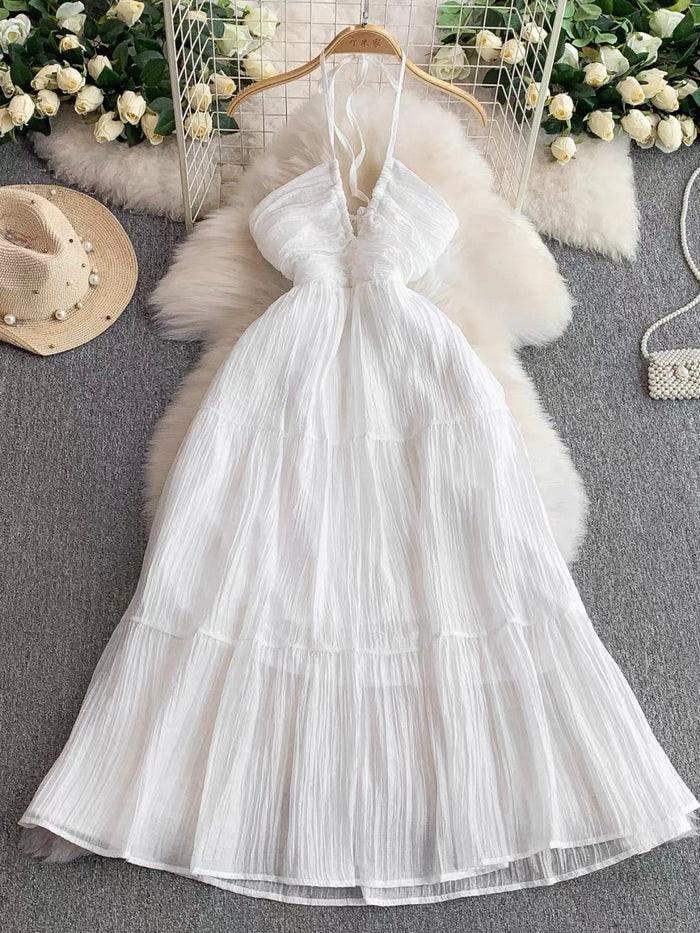 Women's Halter Tiered Maxi Dress Canada | Pleated Summer Dresses
