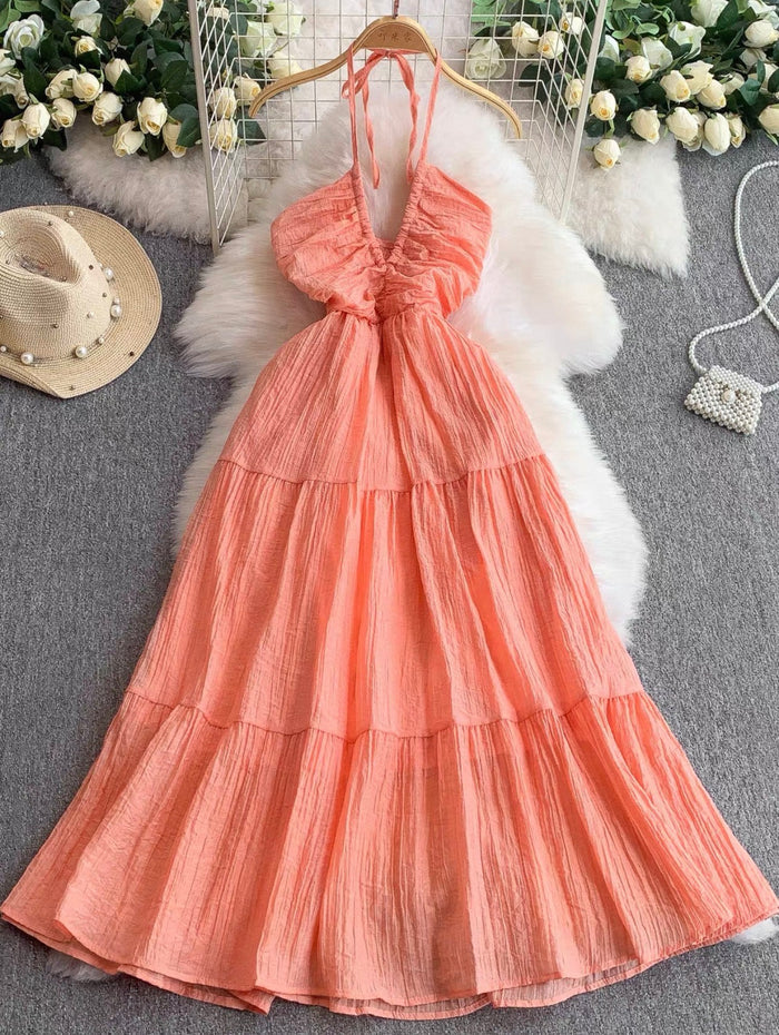 Women's Halter Tiered Maxi Dress Canada | Pleated Summer Dresses