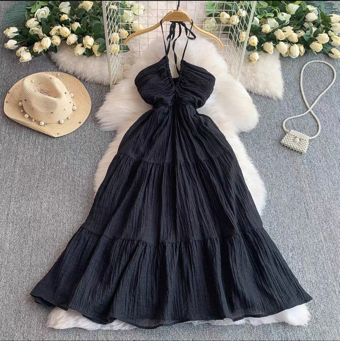 Women's Halter Tiered Maxi Dress Canada | Pleated Summer Dresses