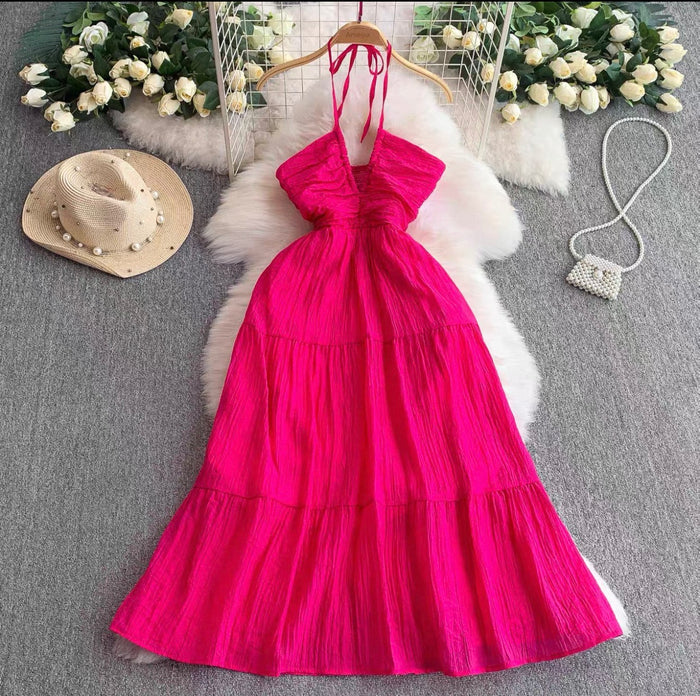 Women's Halter Tiered Maxi Dress Canada | Pleated Summer Dresses