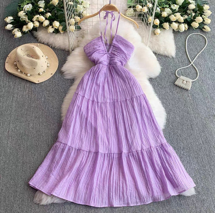 Women's Halter Tiered Maxi Dress Canada | Pleated Summer Dresses