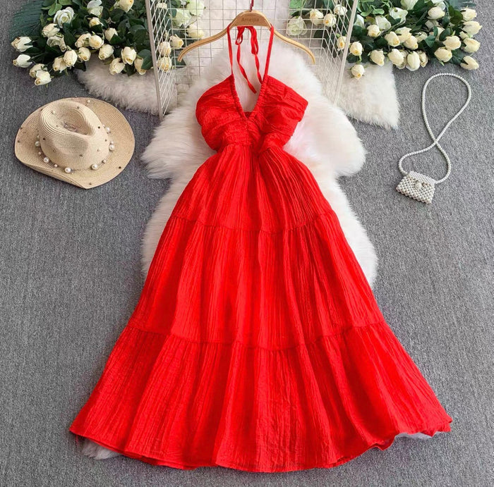 Women's Halter Tiered Maxi Dress Canada | Pleated Summer Dresses