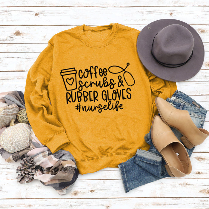 Women's Long-sleeved Coffee Scrubs Print Loose Sweatshirt