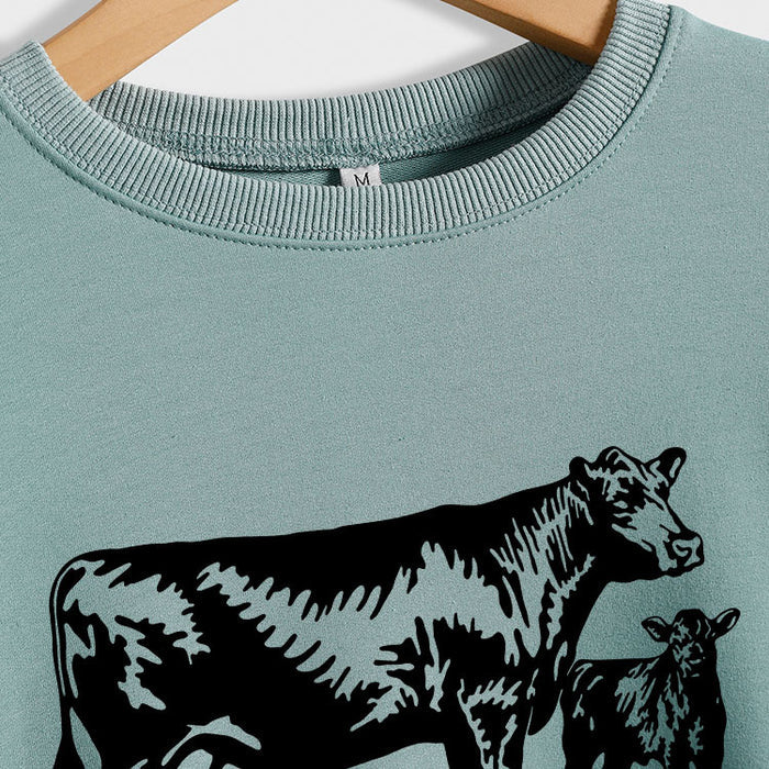 Womens Long-sleeved Cow-print Round Neck Loose T-shirt Sweatshirt