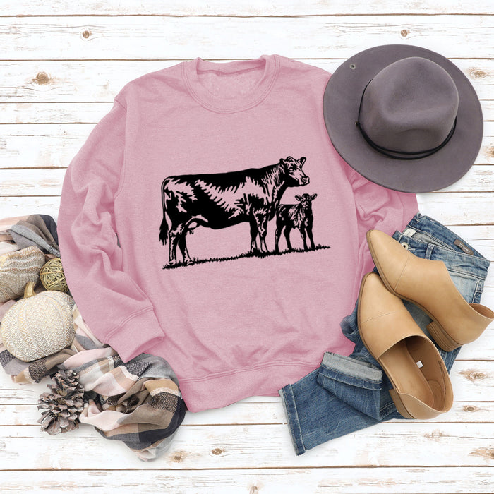 Womens Long-sleeved Cow-print Round Neck Loose T-shirt Sweatshirt