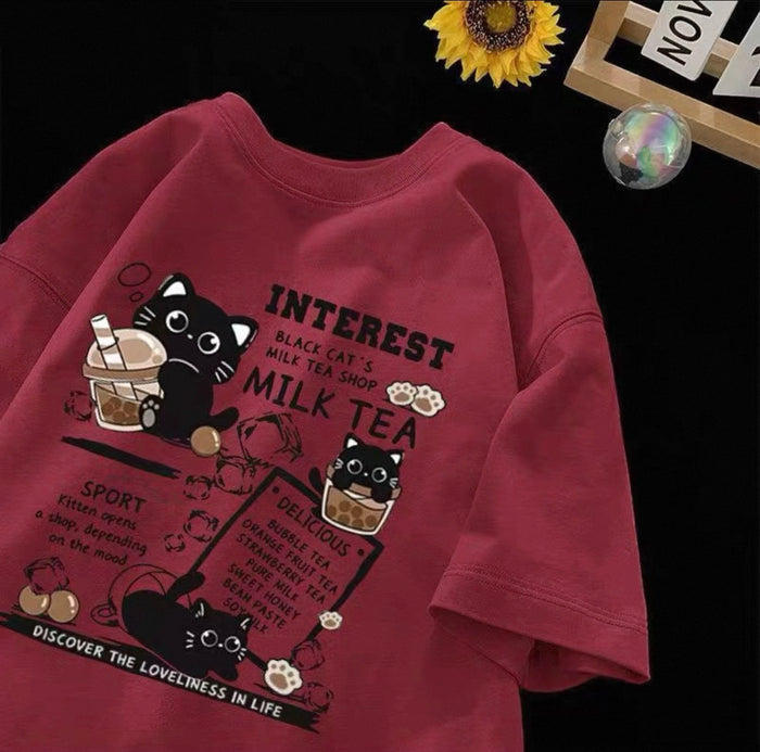 Women's Milk Tea Graphic Tee with Cute Black Cats | Canada