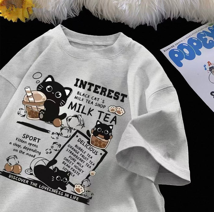 Women's Milk Tea Graphic Tee with Cute Black Cats | Canada