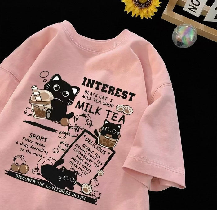 Women's Milk Tea Graphic Tee with Cute Black Cats | Canada