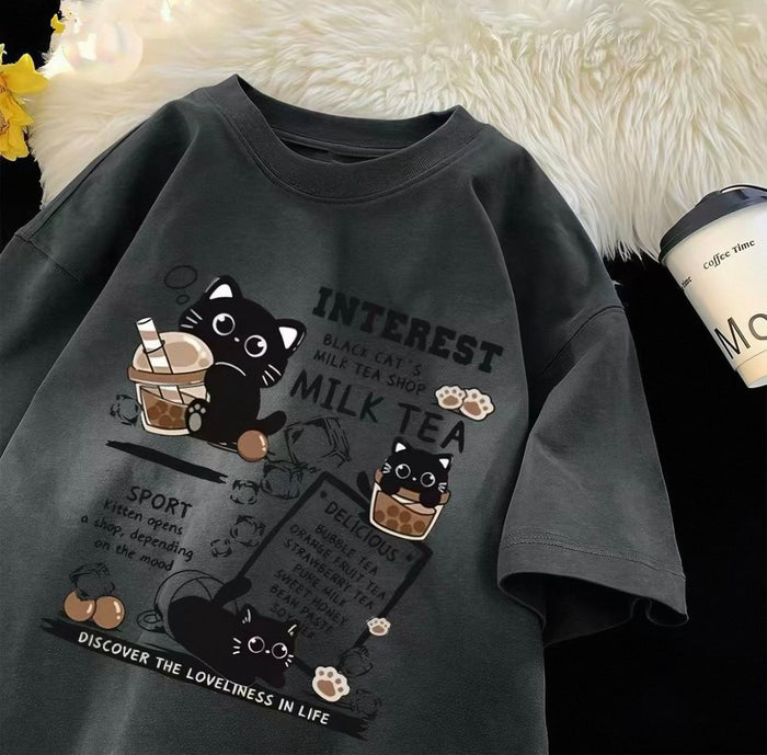 Women's Milk Tea Graphic Tee with Cute Black Cats | Canada