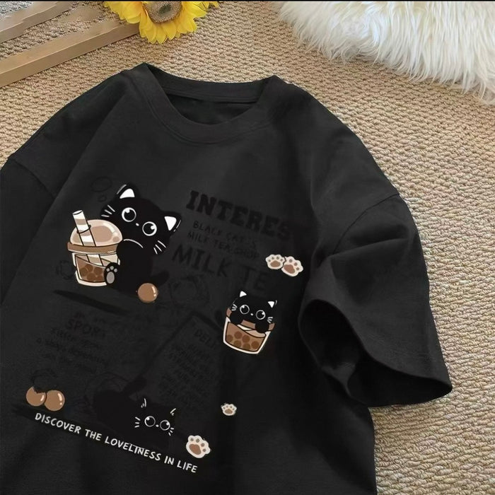Women's Milk Tea Graphic Tee with Cute Black Cats | Canada