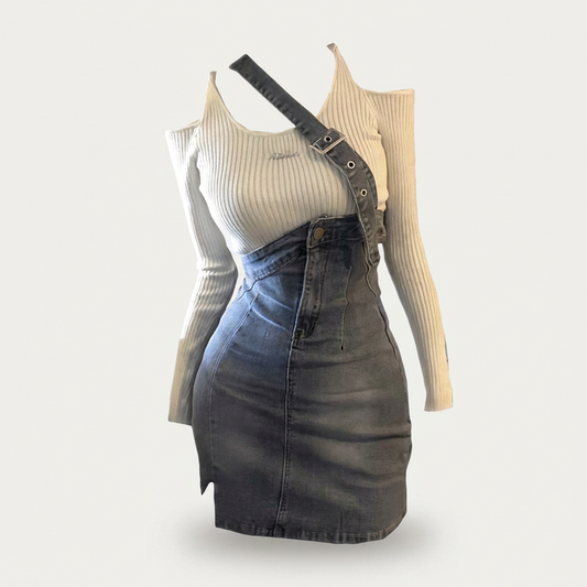 Women's Off-Shoulder Knit Top & Denim Suspender Skirt Set Canada