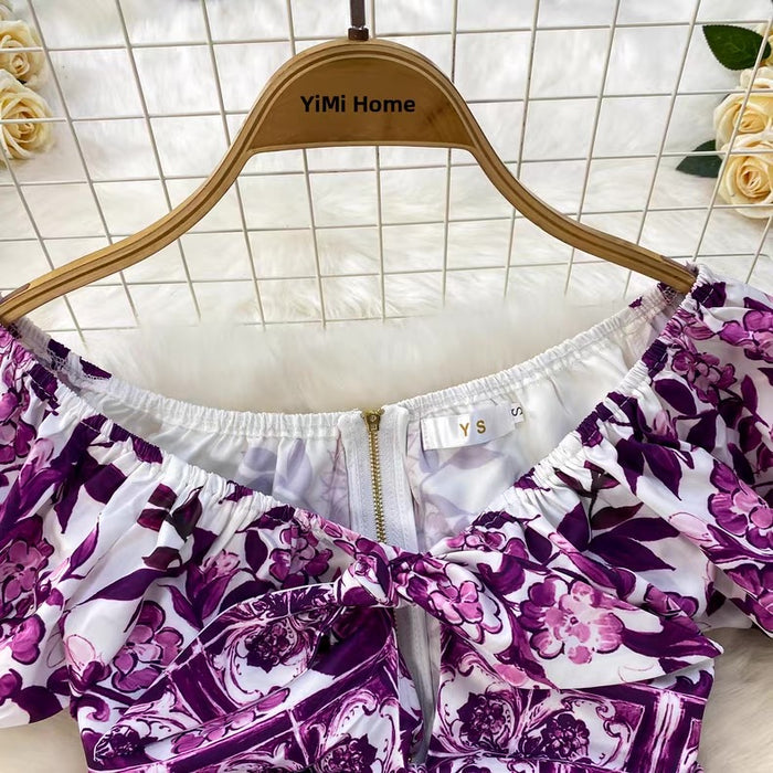 Purple and white floral dress on a hanger with 'YiMi Home' branding.