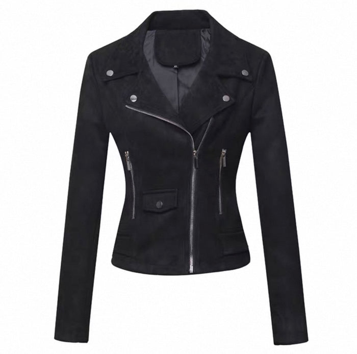 Black leather jacket with silver zippers on a white background