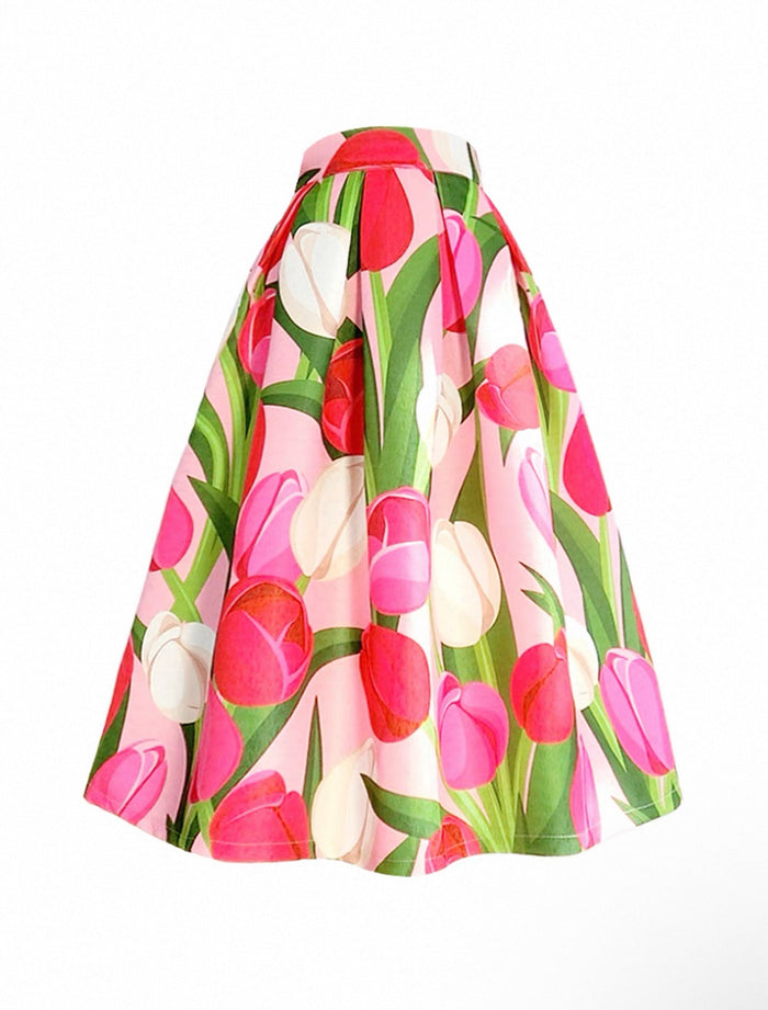 Floral skirt with pink, white, and green tulips on a white background