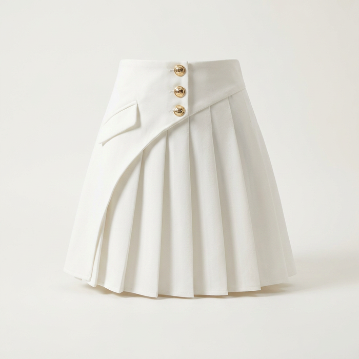 Women's White Pleated Mini Skirt with Gold Buttons | Canada