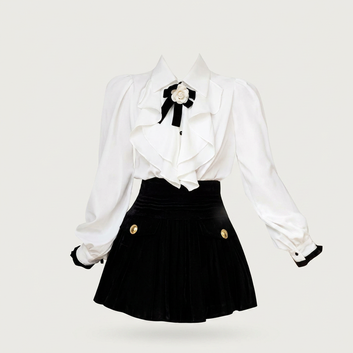 Women's White Ruffled Blouse & Black Pleated Skirt Set | Canada
