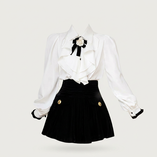 Women's White Ruffled Blouse & Black Pleated Skirt Set | Canada