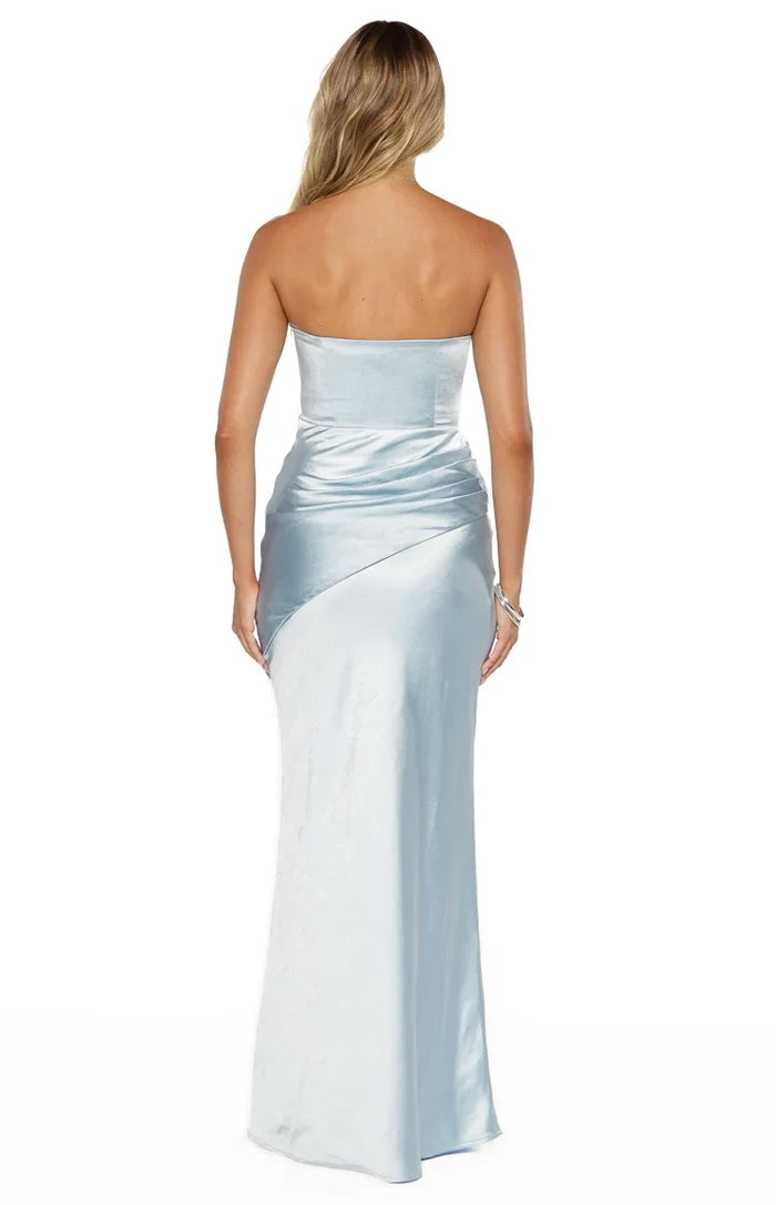 Wren Blue Satin Strapless Maxi Dress