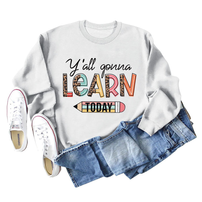 Y'all Gona Learn Today Letter Leopard Print Long Sleeve Shirt Large Sweater