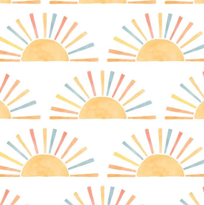 Pattern of colorful suns with radiating rays on a white background