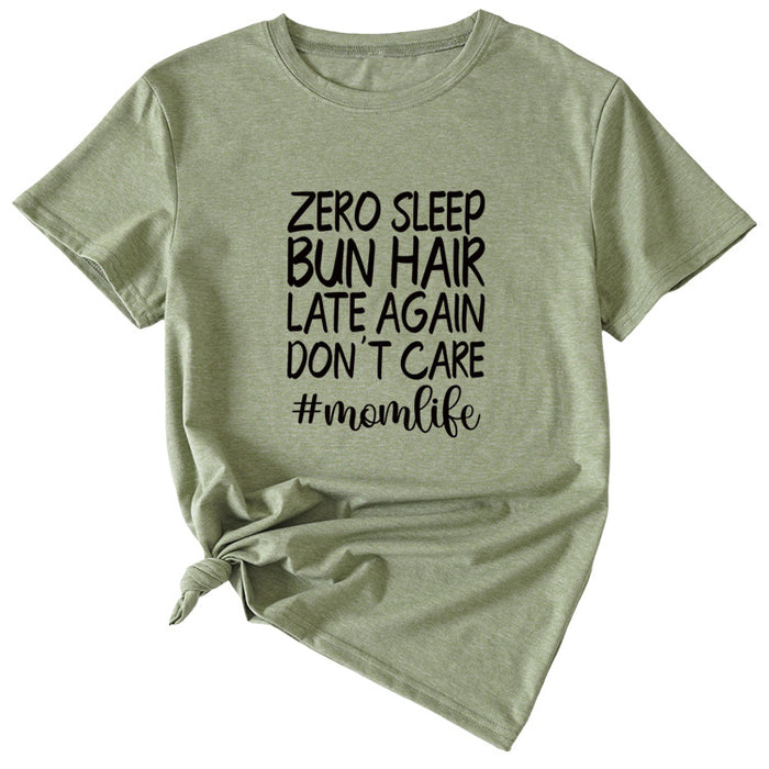 Zero Sleep Bun Hair Letter Printing Casual Round Neck Short Sleeve T-shirt